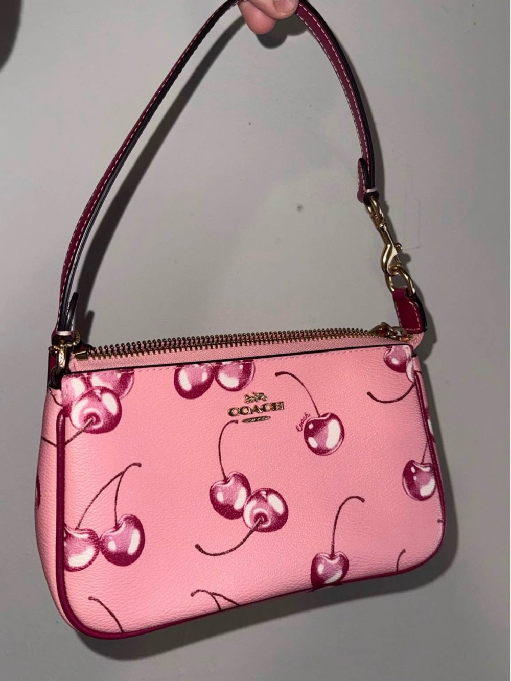 Coach Pink Cherry Print Mini Wristlet with Gold Hardware